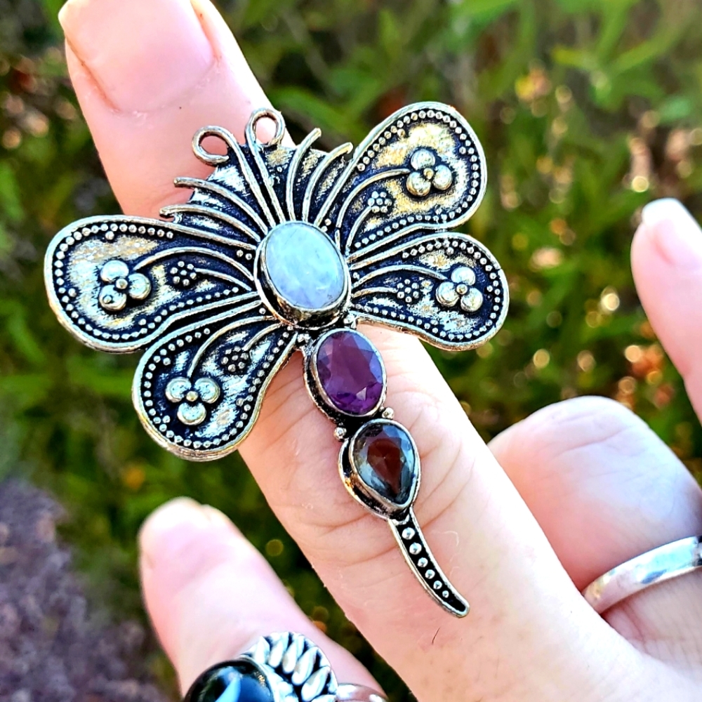 New Dragonfly Rainbow Moonstone, Amethyst & Smoky Topaz 925 Silver Ring.